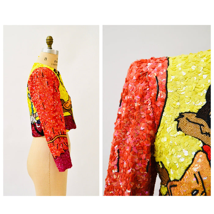 90s Vintage Jeanette Kastenberg Platinum Sequin Jacket Looney Tunes Warner Brothers Cartoon Beaded Jacket Medium Wile E. Coyote Road Runner