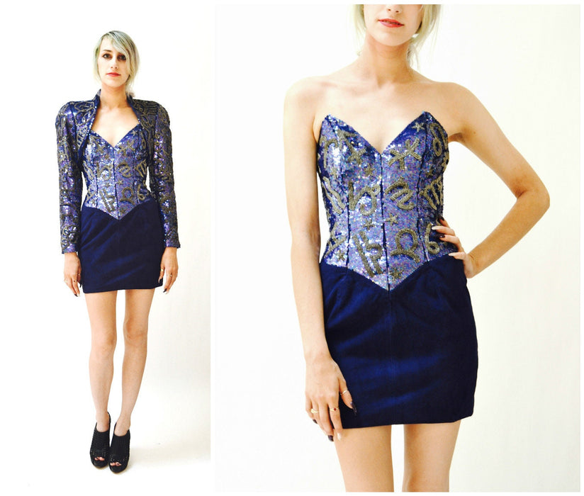 90s Sequin Leather Strapless Dress by Michael Hoban Blue Gold Small Zodiac Astrology Signs XXS XS// Metallic Leather Strapless Beaded Dress