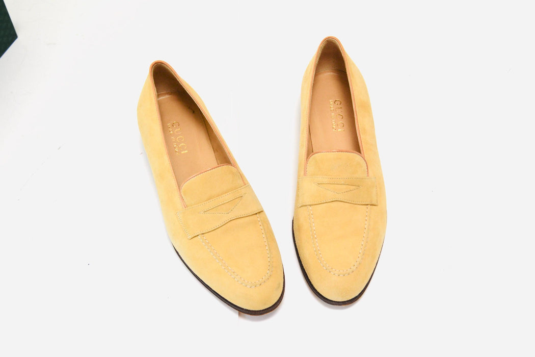 80s Vintage Gucci Penny Loafer Flats Tan Mustard Leather Loafers by Gucci Size 39 7 1/2 8 Vintage Tan Leather Gucci Shoes Womens Flats