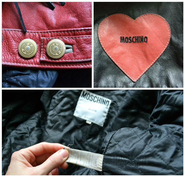 90s Vintage Moschino Leather Jacket Love Fringe Heart Red and Black Navy Moschino Jeans Made In ITaly