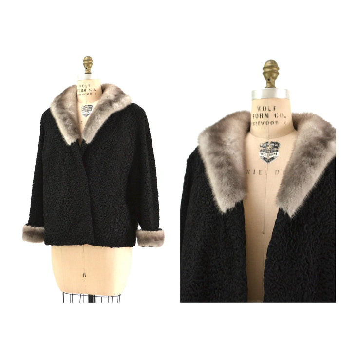 50s 60s Vintage Black Fur Jacket Coat Persian Lamb Mink Black Grey Mink Fur Jacket Medium Large// Vintage Black Persian Lamb Fur Jacket Coat