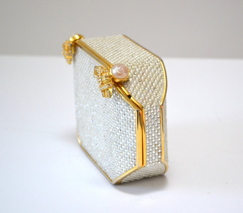 Vintage Judith Leiber Evening Bag Swarovski Crystal Minaudiere Gold Clutch Pearl Crystals Silver Gold Metal Clutch Bag wedding Purse