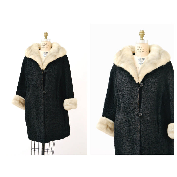 40s 50s Vintage Black Persian Lamb and Mink Fur Coat Jacket Black Grey Broadtail Mink Fur Jacket Medium Large 50s By Kramers