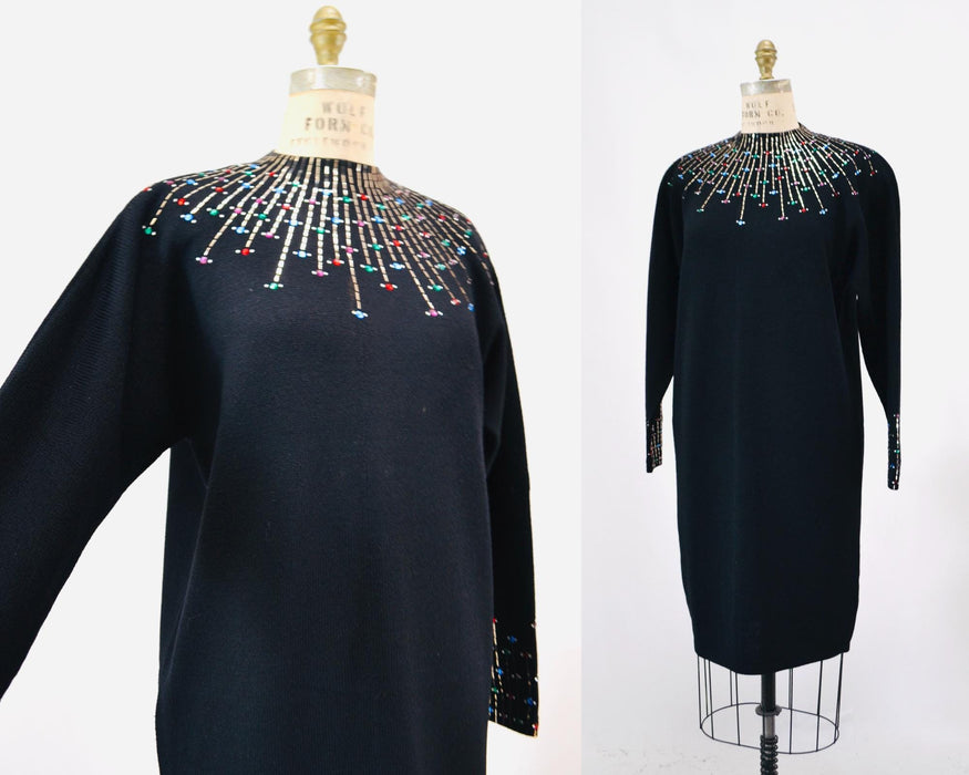 80s 90s Vintage Black St John Dress Metallic Rhinestone Knit Dress St John Evening// Black Rhinestone Party Sweater Knit Dress Medium Large