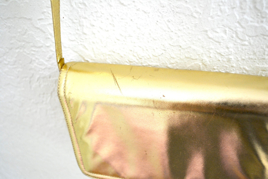 Vintage Gold Leather Clutch Purse Hand Bag// Vintage Metallic Gold Leather Bag Purse Evening Bag