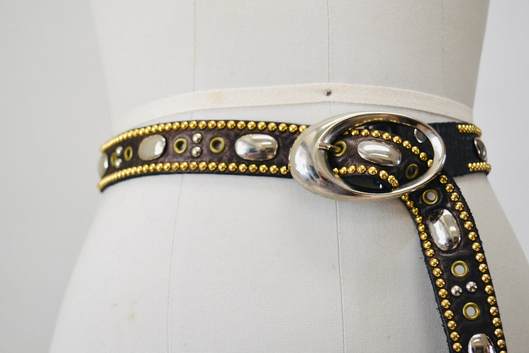 90s 2000s Vintage Gold Rhinestone Belt Brown Leather Gold Rhinestone Belt Small 29" Rhinestone Studded leather Belt