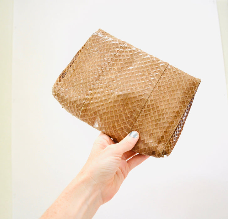 80s Vintage Tan Brown Leather Clutch Bag Purse Snakeskin Python// 80s Tan Camel Leather Snake Skin Bag Purse Jay Herbert