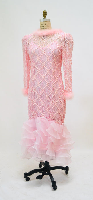 80s Vintage Pink Sequin Feather Dress Gown Pat Richards Medium// 80s 90s Vintage Pink Prom Barbie Bridesmaid Party Dress Gown Pink Princess