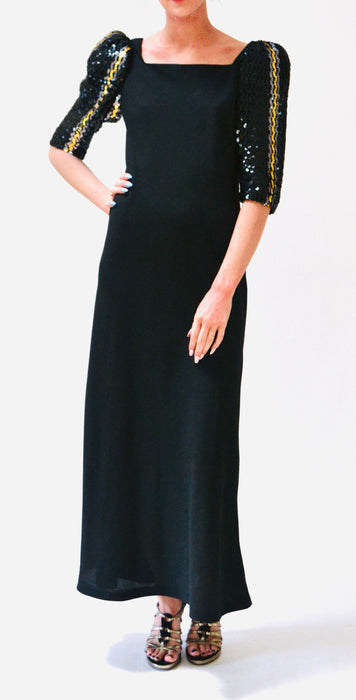 70s 80s Vintage Black Sequin Long Dress by Lillie Rubin Small Medium// Vintage Disco Metallic Silver Gold Black Sequin Dress Evening Gown