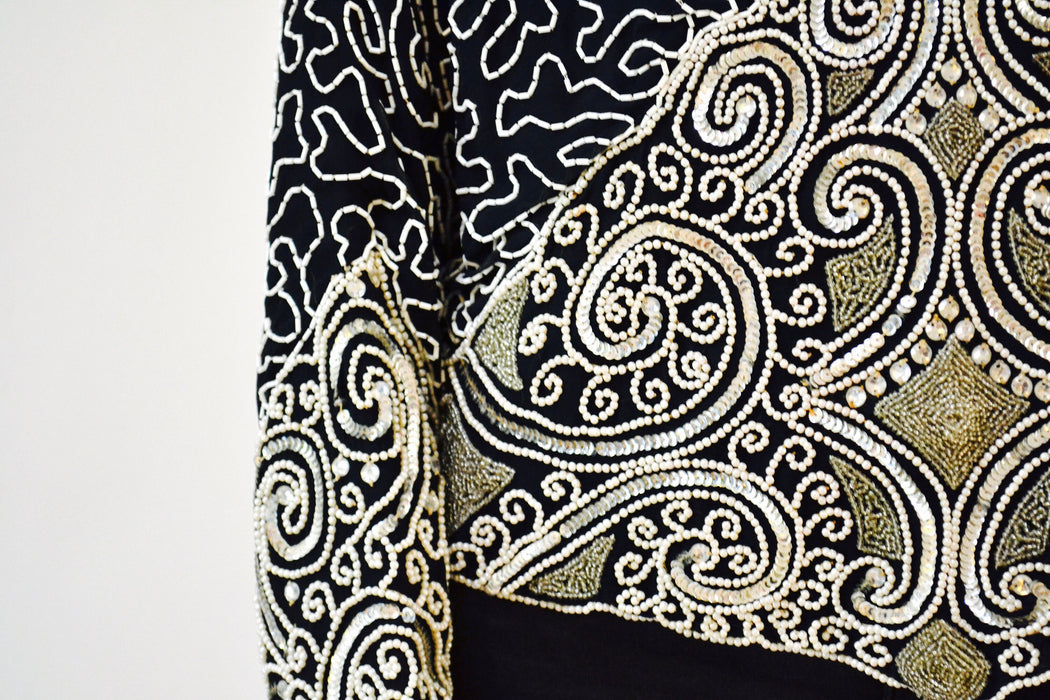80s 90s Vintage Beaded Sequin Shirt Top Black White Silver Medium Large Art Deco Flapper Inspired Beaded Top Shirt Judith Ann Creations