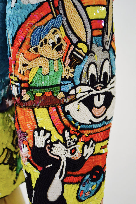 Vintage Jeanette Kastenberg Platinum Sequin Jacket Looney Tunes Bugs Bunny Warner Brothers Cartoon Comic Beaded Jacket Small