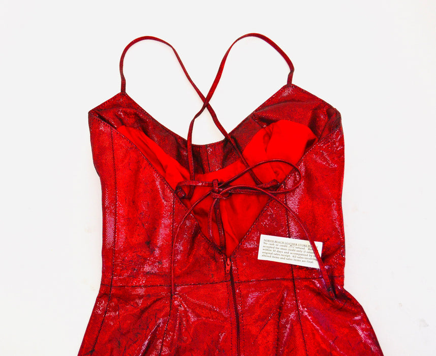 Stunning 90s 2000s y2k metallic Red Leather Dress Lace Up leather Dress XXS XS Small Michael Hoban North Beach red leather Short Dress