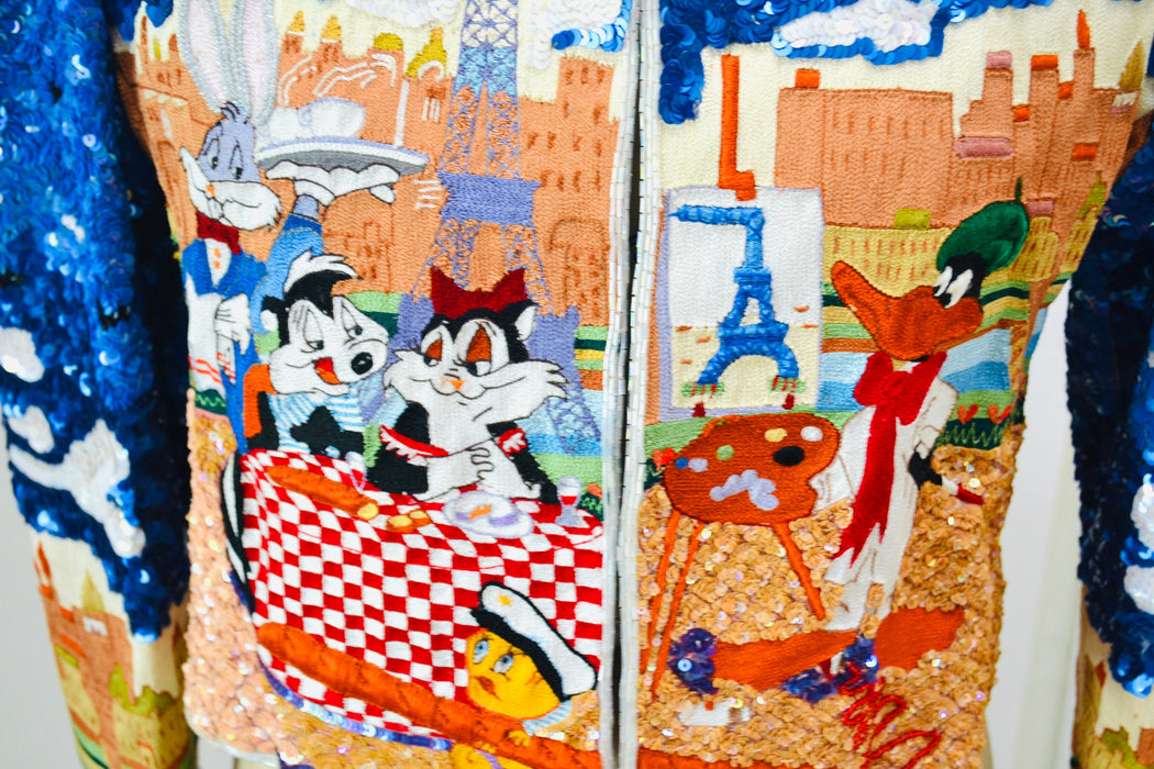 90s Vintage Jeanette Kastenberg Platinum Sequin Jacket Looney Tunes Bugs Bunny Cartoon Sequin Paris France Venice Italy Beaded Jacket