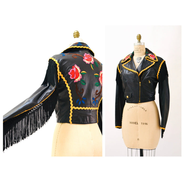 Vintage 90s Black Leather Jacket by Moschino Cheap & Chic with Fringe Red Roses Flowers Small Medium// Black Leather Biker Jacket Fringe