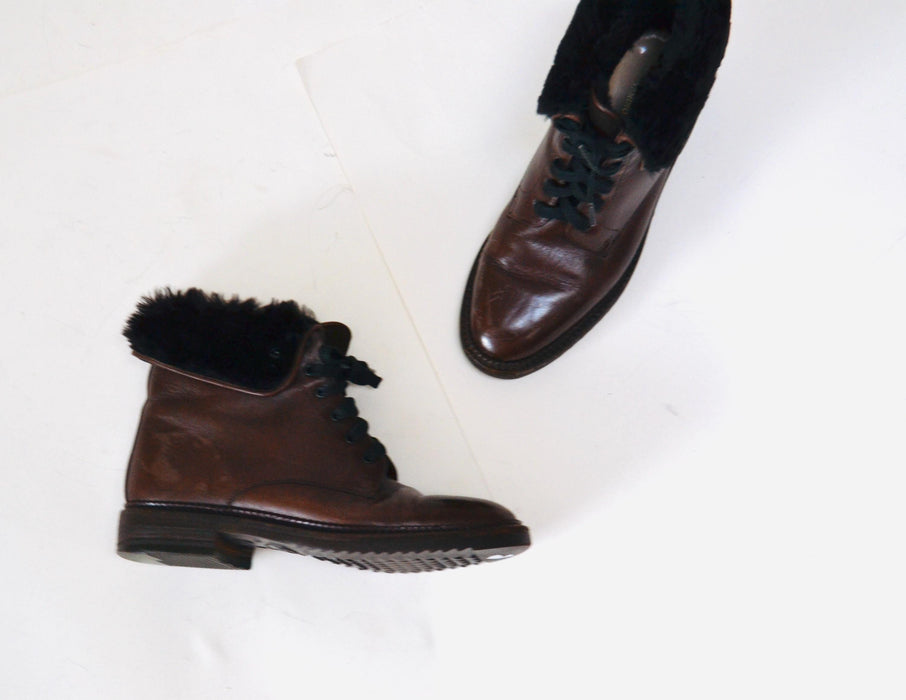 Vintage Brown Fur lined Leather Boots Size 36 6 By Tanino Crisci // Vintage 80s Brown Lace up Shearling Fur Boots 36 5 1/2 6 Made in Italy