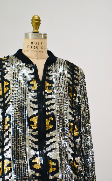 Vintage 80s 90s Silver Sequin Party Bomber Jacket Metallic Jacket Medium large// Vintage 80s 90s Party Metallic Silver Gold Sequin Jacket