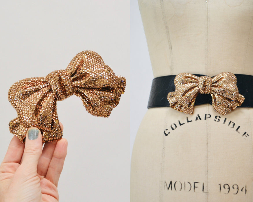 90s Vintage Katherine Baumann Beverly Hills Swarovski Crystal Rose Gold Bow Belt Buckle Metallic Rhinestone Belt Buckle Large BOW
