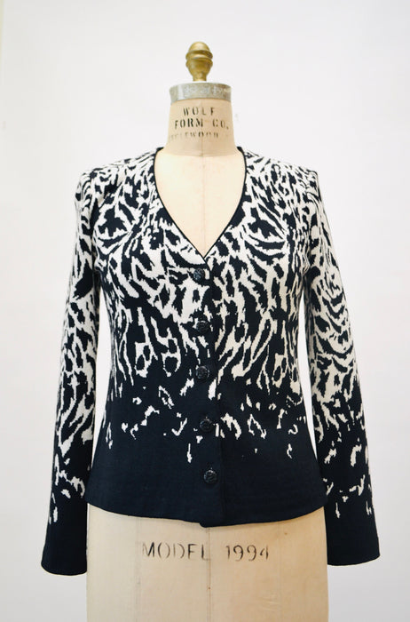 2000s y2k Vintage St. John Collection Zebra Pattern Sweater Cardigan Black and White Animal Zebra Pattern Cardigan Small Medium