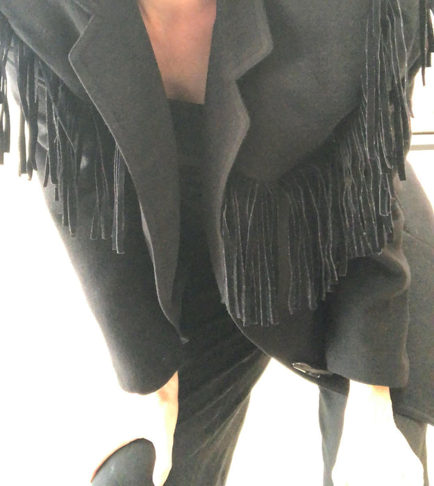 80s 90s Vintage Black Fringe Wool Jacket Blazer Medium// 80s Black Fringe Western Rockstar Black Blazer Jacket Cowgirl Criscione