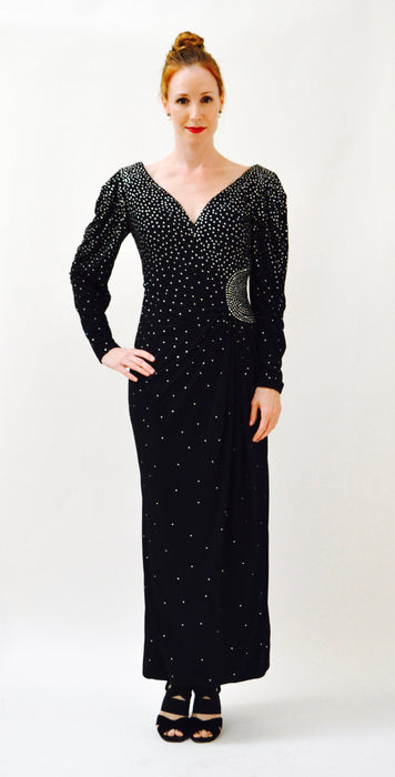80s Vintage Black Evening Gown With Rhinestones Long Sleeves Medium Large by Rose Taft// Vintage Black Dress Metallic Pageant Dress Gown