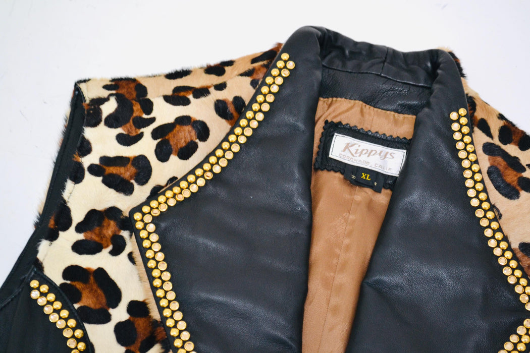 80s 90s Vintage Studded Black Leather Animal Print Vest Gold Leather Vest By Kippys XL Large Gold Studded Animal Print Black Leather Vest