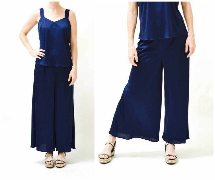 70s Vintage Wide Leg Palazzo Pants and Tank Top Cami Navy Blue Large// Vintage 70s Pantsuit Set Wide Leg Pants Knit Navy Blue