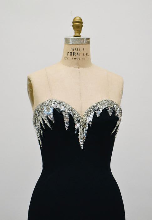 90s Vintage BOB MACKIE Dress Black Sequin Beaded Metallic Strapless Dress XS Small// Black Metallic Silver Sequin Dress Small Bob Mackie