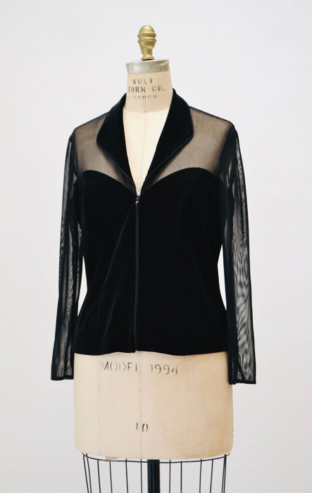 90s Vintage Sheer Black Velvet Top 90s Party Sheer long Sleeve Top Medium Large // 90s Sheer Mesh Velvet Party Shirt Tadashi Inspired Top