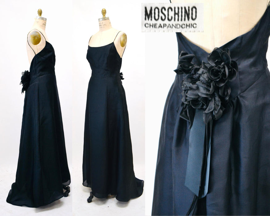 Vintage Moschino Black Evening Ball Gown Medium Large Black Silk Evening Gown Dress Flower Black Tie Wedding Evening Gown Dress Moschino