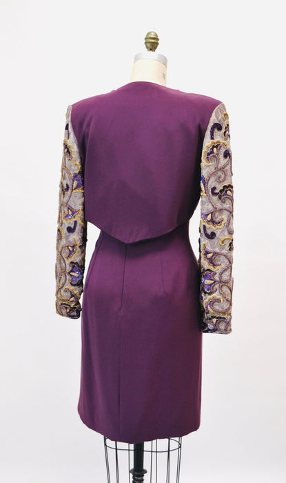 90s Vintage Silk Beaded Sequin Metallic Jacket and Strapless Dress by Raoul Arango Purple Wine Cocktail Dress Sequin Bolero Jacket Medium