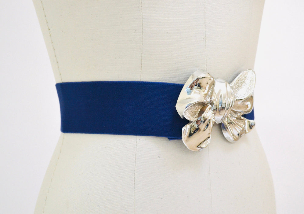 80s 90s Vintage Blue Silver Stretch Elastic Belt Silver Bow Metal Metallic Blue Silver Large Bow Wedding Belt Medium Large 26-35"