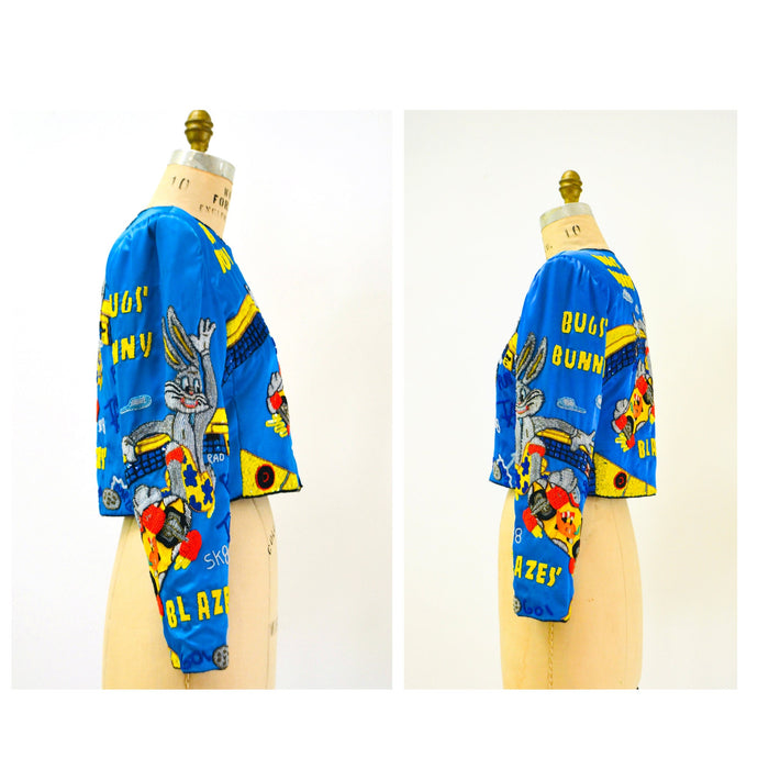 90s Vintage Jeanette Kastenberg Sequin Beaded Jacket Looney Tunes Bugs Bunny Skater Taz Cartoon Beaded Jacket Small Medium Blue Yellow