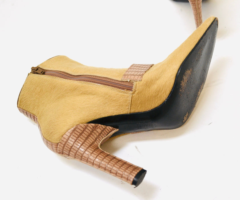 Vintage 90s 00s Pony Hair Leather High Heel Booties 6 1/2 7 By Lagerfeld// Pony Hair high heel Cropped Boots 6 1/2 Camel Tan Made in France