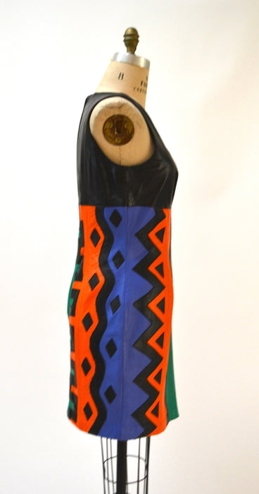 Vintage Leather Dress Black Medium Large Pop Art tribal by Michael Hoban North Beach// 90s Vintage Leather Dress medium Large Patchwork