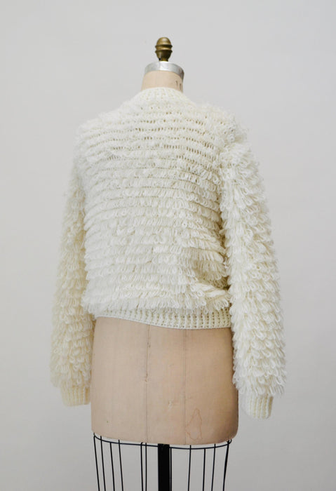 70s Vintage Cream White Loop Knit Shag Sweater Cardigan Small Medium Vintage Wedding Faux Fur Sweater Cardigan by J Gallery White Sweater