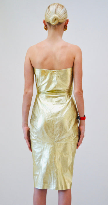 90s Metallic Gold Strapless Leather Dress by Michael Hoban North Beach Leather XXS // 90s strapless Leather Dress Gold Size XXS XS Small