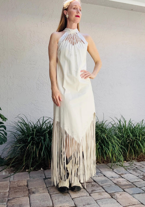 70s 80s Vintage White Leather Fringe Dress and Fringe Leather Cape 80s Country Music Western Wedding Cowgirl Dress by Mandana Medium
