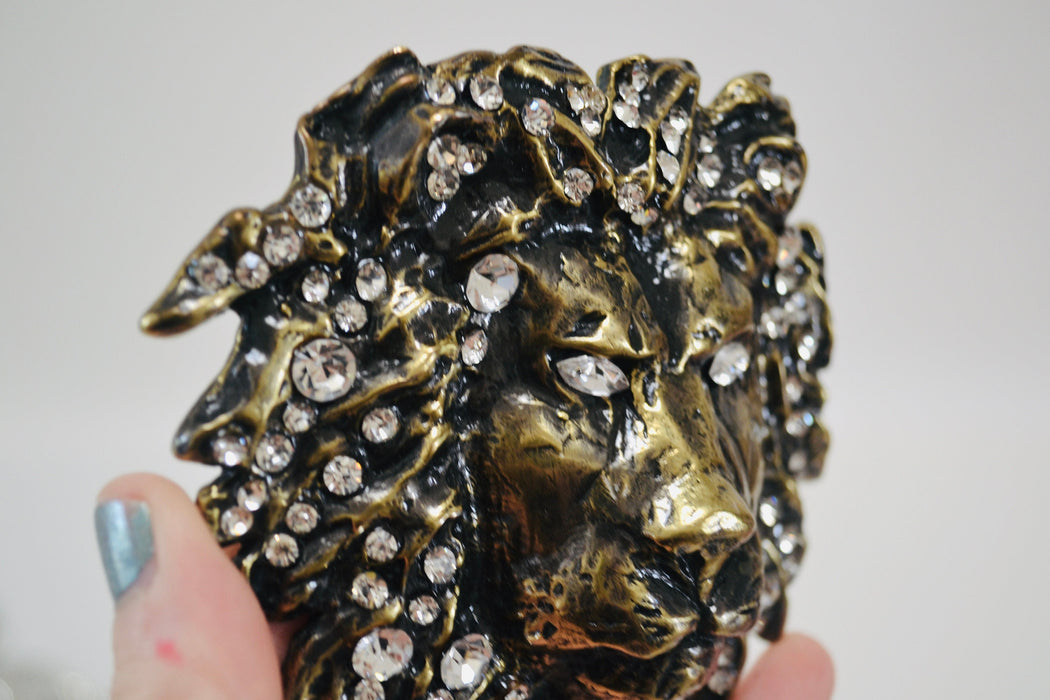 90s Vintage Katherine Baumann Beverly Hills Brass Swarovski Crystal Lion Belt Buckle Metallic Rhinestone Belt Buckle Large Cat LION Metallic
