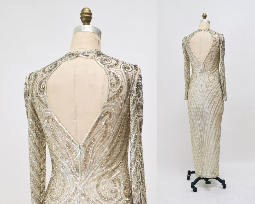80s 90s Vintage Silver Gold White Cream Beaded Gown Dress Medium Bob Mackie Silk// Vintage Sheer Wedding Gown Beaded Art Deco Medium