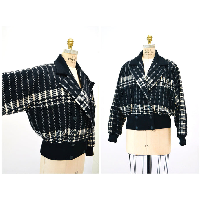 80s Vintage Wool Plaid Jacket Black White by JEAN-LOUIS SCHERRER Paris Wool Plaid bomber Jacket// Vintage Black White Wool Jacket Medium