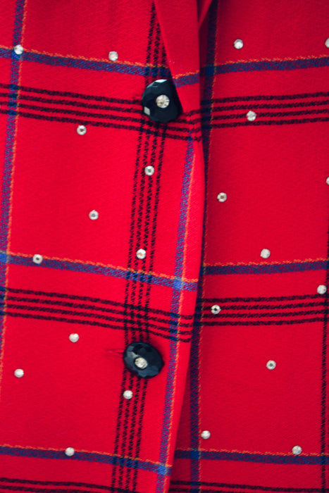 90s Vintage Red Plaid Jacket Blazer with Rhinestones Red Plaid Blazer 80s 90s Glam Power Suit Small Medium Criscione Christmas Party Jacket