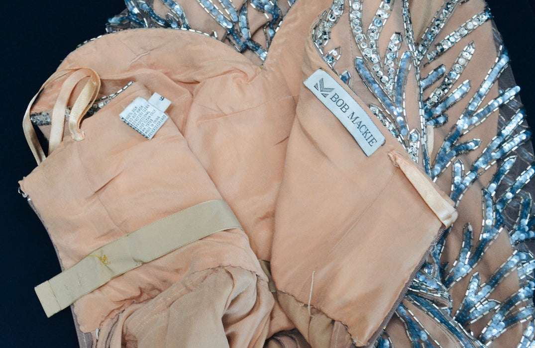 80s 90s Vintage Silver Cream Blue Beaded Sequin Gown Dress Small Medium By Bob Mackie Silk// Vintage Wedding Gown Sequin Strapless Beach