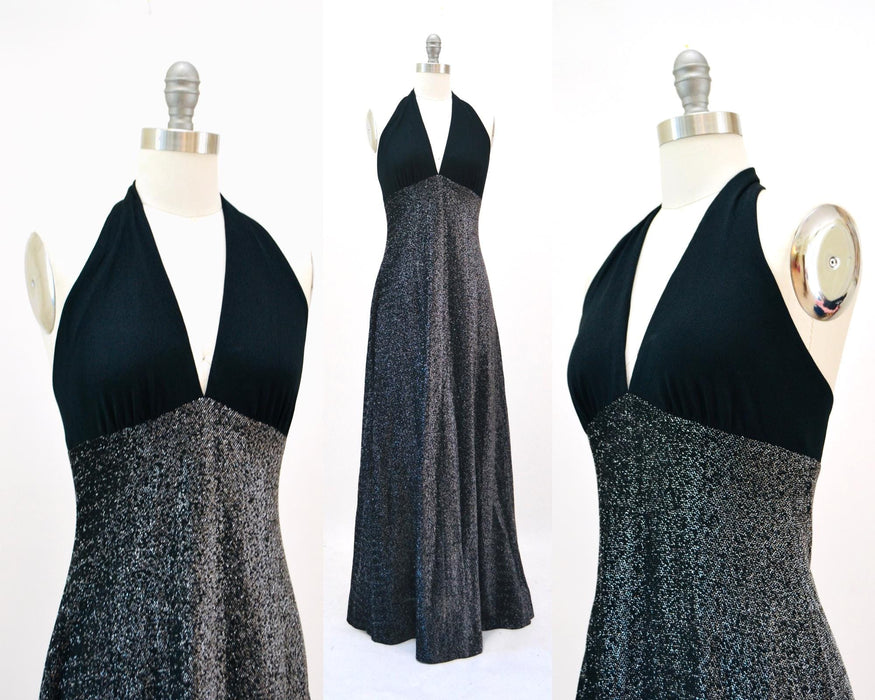 1970s Vintage Black Maxi Dress 70s Metallic Black Silver Party Disco Dress Black Halter Neck Prom Dress Black Long Maxi Dress XS Small