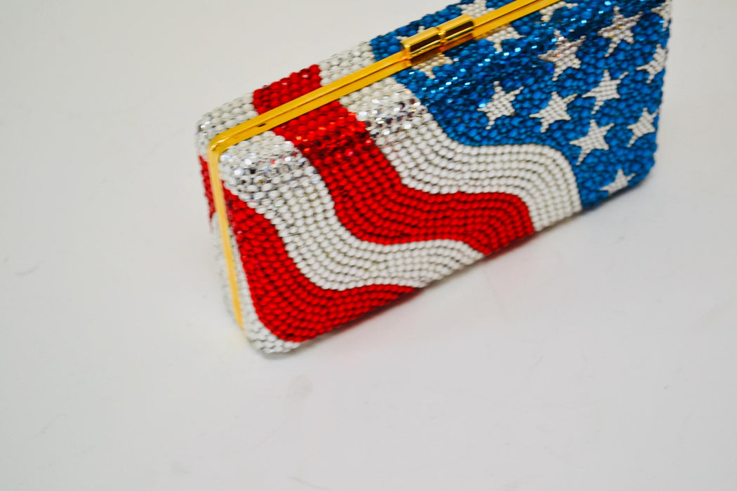 90s Vintage Metal Crystal Evening Bag Swarovski Bag 90s Katherine Baumann USA American Flag United States Crystal Minaudière Clutch Bag