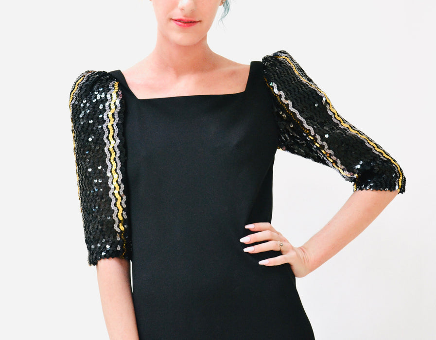 70s 80s Vintage Black Sequin Long Dress by Lillie Rubin Small Medium// Vintage Disco Metallic Silver Gold Black Sequin Dress Evening Gown
