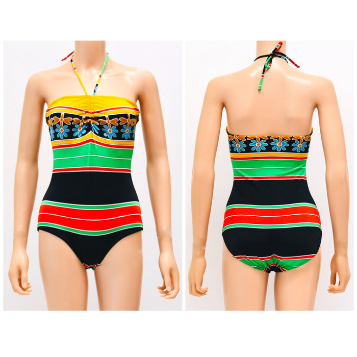 Vintage 70s 80s Swimsuit XS SMALL one Piece Halter neck Strapless Swimsuit Striped Floral Print Red Yellow Black Swimsuit Saks Fifth Avenue