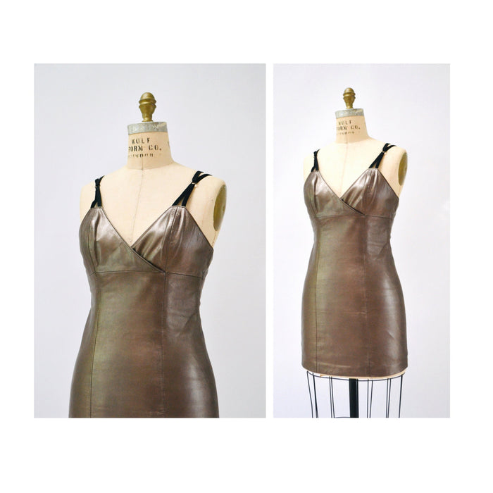 Stunning 90s 00s Y2K Metallic Bronze Leather Tank Dress Size XS Small// 90s Brown Tan Body Con Dress Leather Tank Dress Michael Hoban small