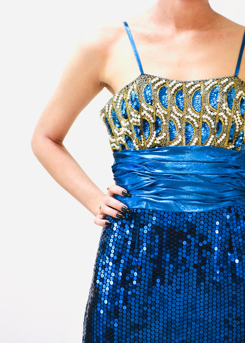 Vintage 80s Prom Dress Blue Sequin Metallic Gown Small// 80s Party Blue Metallic Sequin Beaded Pageant Dress Small Medium Alyce Designs