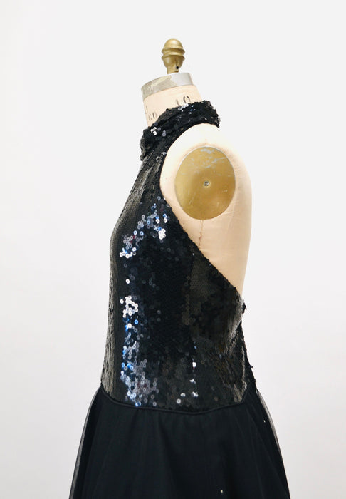 80s 90s Vintage Black Sequin Halter Neck Sequin Dress Cocktail Party Dress Rose Taft Small// 80s Glam Black Pageant Dynasty Dress Ball Gown