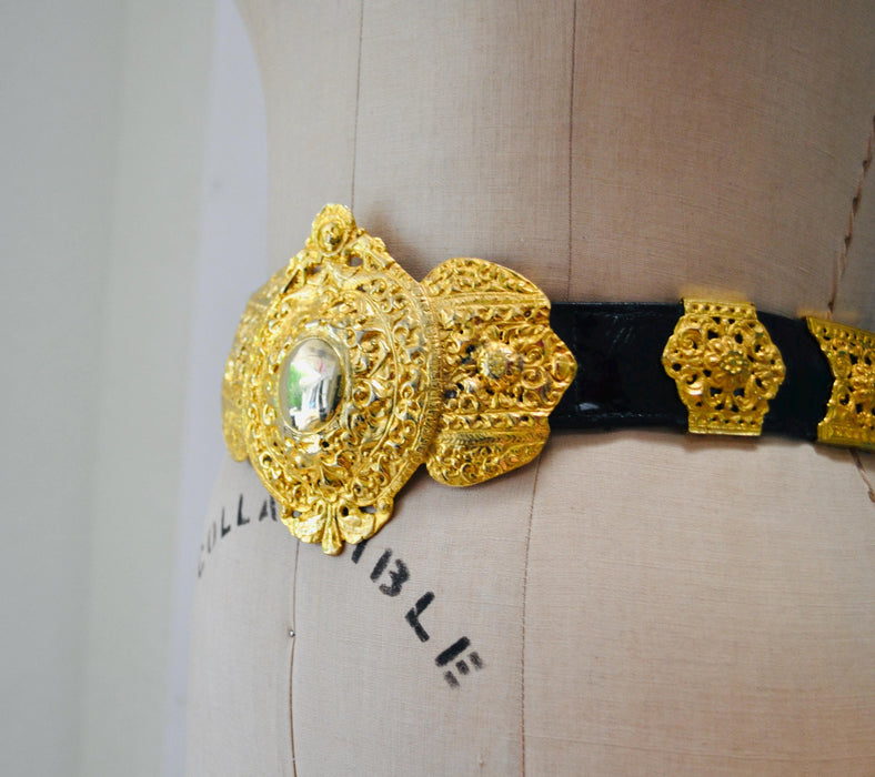 Vintage 70s Roberta di Camerino Italian Black Leather Gold Designer Belt Made In Italy Black Gold Belt Buckle 70s vintage Belt Medium Large